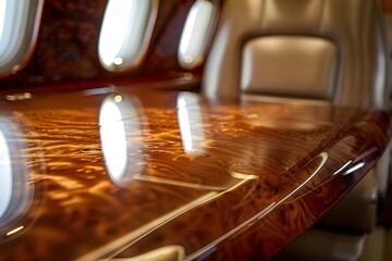 Obraz premium Luxury Private Jet Interior: Polished Wood Table Reflects Light, Exquisite Craftsmanship Showcases opulence and comfort in a high-end aircraft cabin. Experience the ultimate in travel elegance.