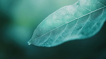Leaf Veins with Sparkling Dew in Focus Against a Moody Soft Background in Nature