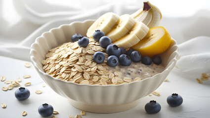 Bowl of oatmeal topped with sliced banana and blueberries on a white table