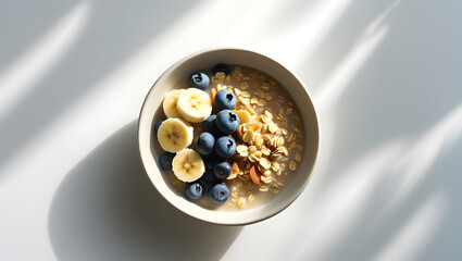 Bowl of oatmeal with banana slices and blueberries on a white surface with sunlight