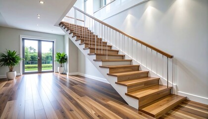 Modern wooden staircase in a bright interior hallway.