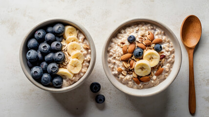 Two bowls of oatmeal topped with blueberries, banana slices, and almonds on a textured surface with a wooden spoon