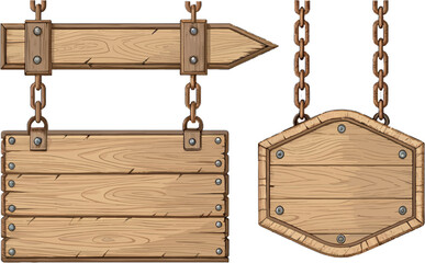 Naklejka premium Three wooden signs with a rustic look, hanging from chains or mounted.