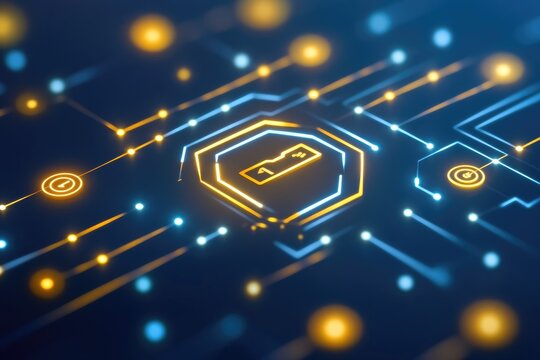 Abstract circuit board with glowing data icon
