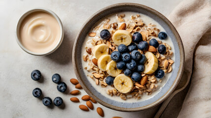 Bowl of granola with yogurt, banana slices, blueberries, and almonds on a textured surface next to a bowl of yogurt