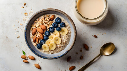 Oatmeal bowl with banana slices, blueberries, almonds, and oats served with milk on a textured surface