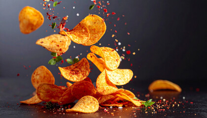 Spicy potato chips falling over dark backdrop. Tasty snack.