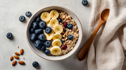 Bowl of oatmeal with fresh blueberries and banana slices served on a table with a wooden spoon and linen cloth