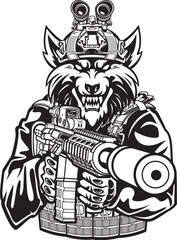 wolf in military gear and uniform holding assault rifle
