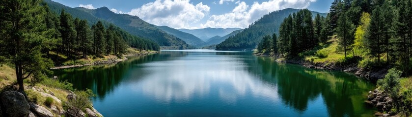Obraz premium Scenic view of lake in pine forest with mountain and park concept. Stunning panoramic view of a serene lake surrounded by mountains.