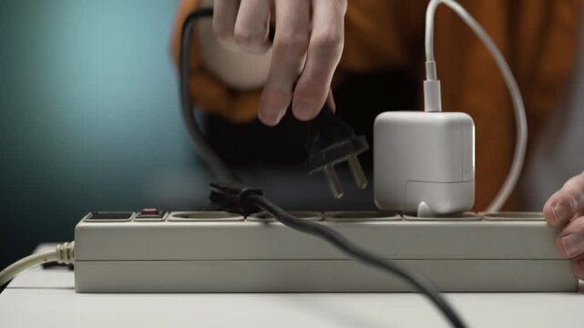 Close-up of Man plugging power plug for laptop charging. Electrical plug turn on in outlet socket