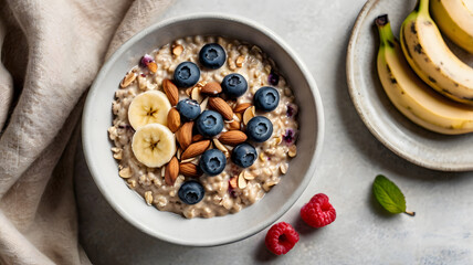 Bowl of oatmeal with blueberries, banana slices, and almonds on a table