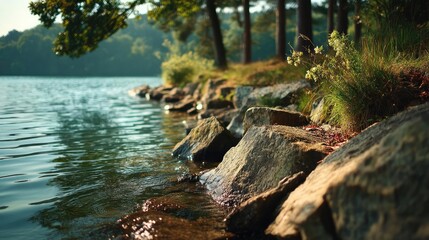 Scenic view of lake in pine forest beside nature park concept. Serene lakeside view with stones, trees, and peaceful water.