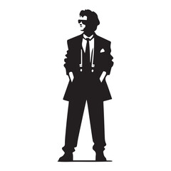 Silhouette of a man dressed in 1990s fashion on white background.
