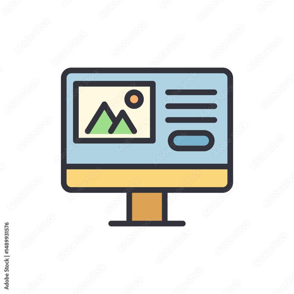 Poster desktop computer displaying website or application interface cartoon