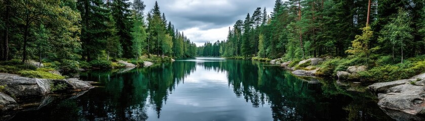 Scenic view of lake in pine forest with summer growth concept. Serene lake surrounded by lush trees and cloudy sky reflections.
