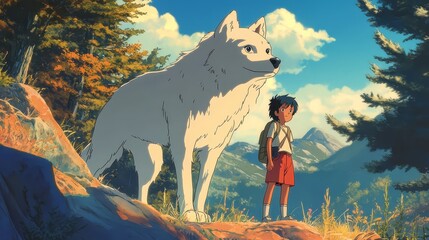 Boy and wolf in mountain landscape