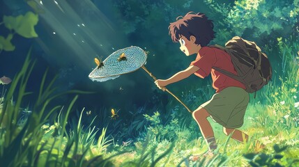 Boy catching butterflies in forest