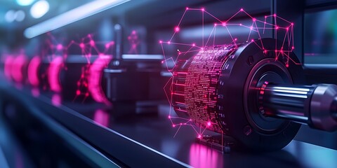 minimal industrial manufacturing glowing digital network futuristic factory machines data analytics overlay clean bright environment smooth lines