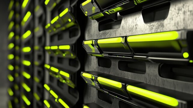 Server rack, data center, green lights, network, technology, storage, computing, futuristic, background, digital infrastructure