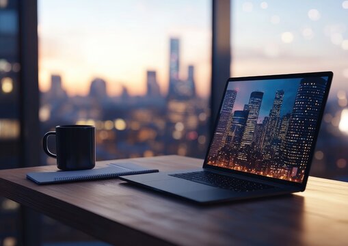 Laptop on a desk, city view