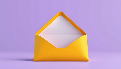 A bright yellow envelope with an open  flap revealing a white interior, set against a purple background. 