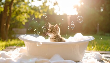 A kitten sits in a bubble-filled tub outdoors, surrounded by sunlight and floating soap bubbles.