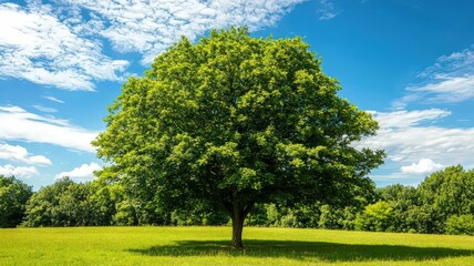 Lone Green Tree Centered in Expansive Field Under a Bright Blue Sky with White Clouds