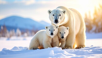 A polar bear and two cubs stand closely together on snowy terrain with mountains in the background.
