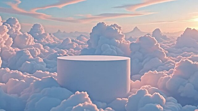 serene dreamscape, abundant fluffy clouds transforming the sky, pristine white platform elevating above them, seamless integration of pastel pink and blue shades
