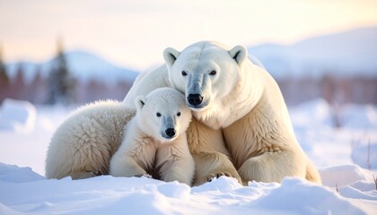 A polar bear and its cub cuddle together on snowy ground in an arctic landscape, surrounded by winter scenery.