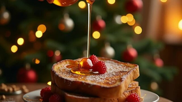 I pour honey on the Christmas tree. French toast christmas tree holiday atmosphere.