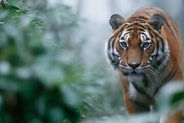 Naklejka premium A tiger is walking through a forest with green leaves
