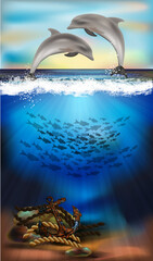 Underwater banner with  dolphins and old anchor. vector illustration