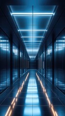 Obraz premium Futuristic hallway illuminated by vibrant neon lights.