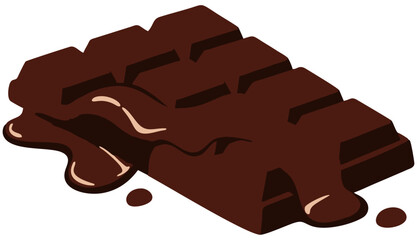 Vector illustration of a chocolate bar with melted caramel filling oozing over the surface, shown in a tempting three-dimensional perspective.