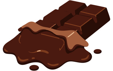Vector illustration of a chocolate bar with melted caramel filling oozing over the surface, shown in a tempting three-dimensional perspective.