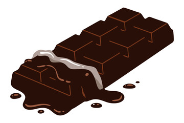 Vector illustration of a chocolate bar with melted caramel filling oozing over the surface, shown in a tempting three-dimensional perspective.