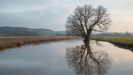 Lone Tree in Flooded Open Field Reflecting in Still Water at Dawn Under Soft Clouds