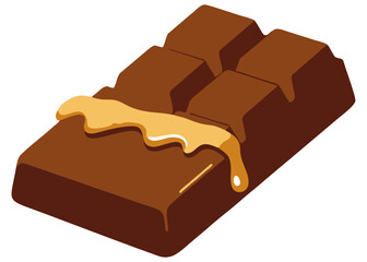 Vector illustration of a chocolate bar with melted caramel filling oozing over the surface, shown in a tempting three-dimensional perspective.