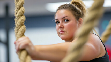 Obraz premium Plus size woman focused on training with battle ropes in the gym, showcasing strength and determination. Generated image
