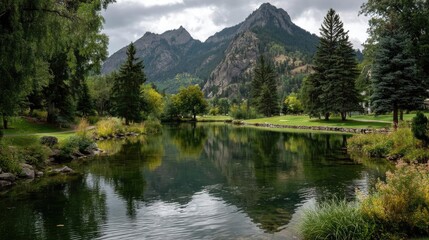 Scenic view of lake in pine forest with mountain and park concept. Scenic view of mountains reflecting in tranquil lake surrounded by trees.