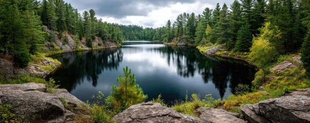 Scenic view of lake in pine forest with summer growth concept. Serene lake surrounded by lush greenery and rocky terrain.
