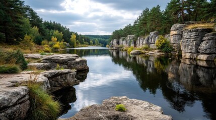 Scenic view of lake in pine forest with summer growth concept. Calm river surrounded by rocky cliffs and vibrant trees.