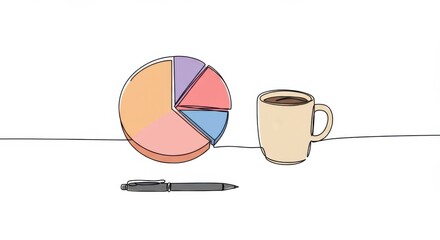 Minimalist Hand-Drawn Illustration of Pie Chart, Coffee Mug, and Pen on White Background