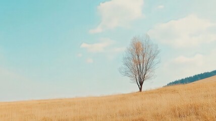 Fototapeta premium Lone Tree Standing in the Middle of a Wide Open Golden Field Under a Bright Blue Sky