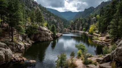 Scenic view of lake in pine forest with summer growth concept. Tranquil lake reflecting mountains and trees under cloudy sky.