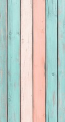 Naklejka premium Pastel-colored vertical wood planks. A close-up view of painted wooden slats in a light teal, creamy white, and peachy-pink. Wooden texture is visible