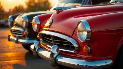 Close-Up of Vintage Retro Car at Sunset with Gleaming Chrome and Cinematic Golden Hour Lighting
