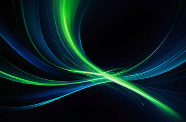 Naklejka premium A vibrant abstract background featuring glowing neon green light trails swirling across a dark blue backdrop